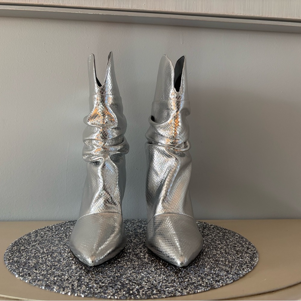 Guess Metallic Silver Pointed-Toe Slouch Ankle Boots